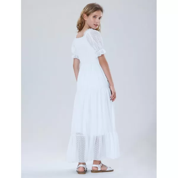 Mebius Girls Square Neck Short Sleeve Long Maxi Dress Smocked Summer Casual Aline Flowy Dress Swiss Dots for 612 YearsWhite