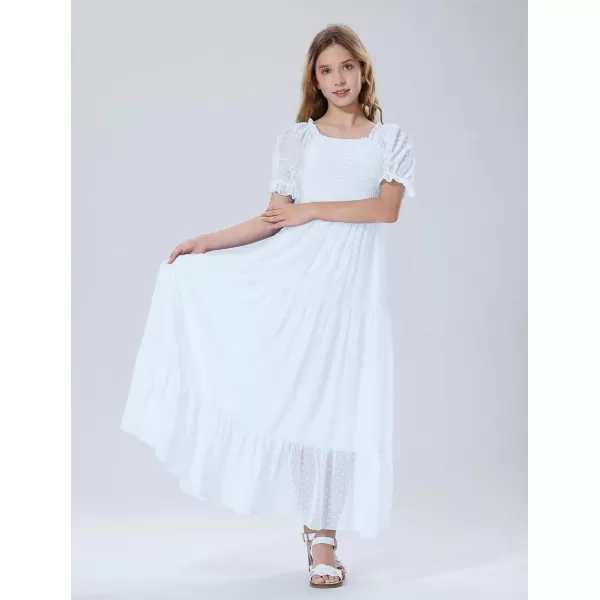 Mebius Girls Square Neck Short Sleeve Long Maxi Dress Smocked Summer Casual Aline Flowy Dress Swiss Dots for 612 YearsWhite