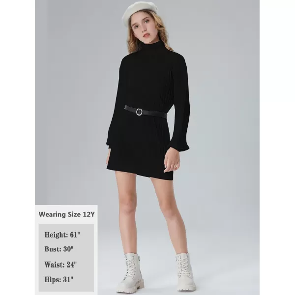 Mebius Girls Sweater Dress Turtleneck Lantern Long Sleeve Loose Fall Winter Christmas Casual Knit Ribbed DressBlack