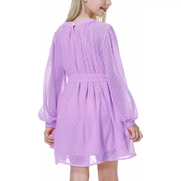 Mebius Girls Swiss Dot Long Sleeve Flowy Dresses Chiffon Mesh Aline Belted Dress for 612 YearsPurple
