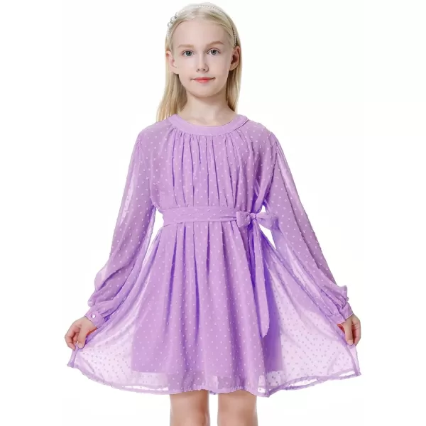 Mebius Girls Swiss Dot Long Sleeve Flowy Dresses Chiffon Mesh Aline Belted Dress for 612 YearsPurple