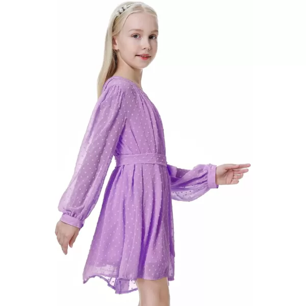 Mebius Girls Swiss Dot Long Sleeve Flowy Dresses Chiffon Mesh Aline Belted Dress for 612 YearsPurple