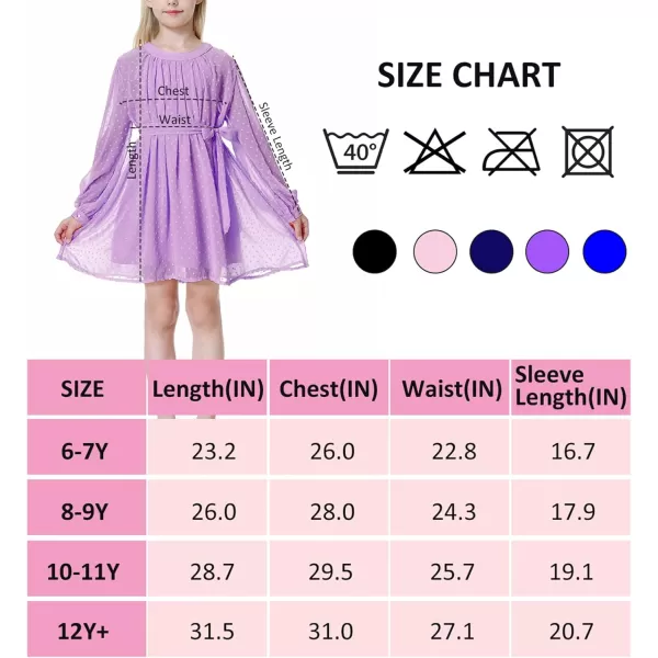 Mebius Girls Swiss Dot Long Sleeve Flowy Dresses Chiffon Mesh Aline Belted Dress for 612 YearsPurple