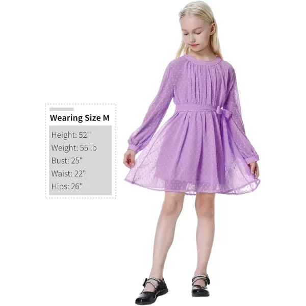Mebius Girls Swiss Dot Long Sleeve Flowy Dresses Chiffon Mesh Aline Belted Dress for 612 YearsPurple