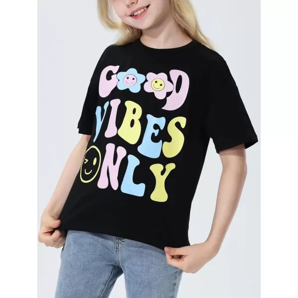 Mebius Girls Toddler Graphic Tees T Shirts Letter Print Summer Casual Short Sleeve Crewneck Preppy Cute Top 3T12YBlack Vibes
