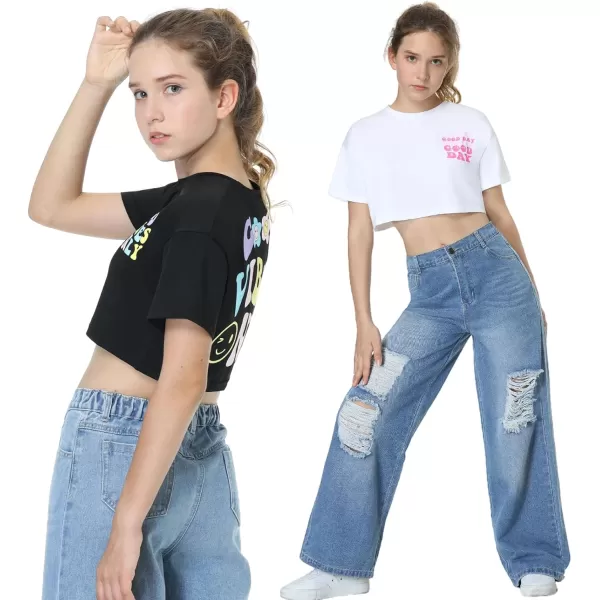 Mebius Girls Toddler Graphic Tees T Shirts Letter Print Summer Casual Short Sleeve Crewneck Preppy Cute Top 3T12YSet 1cropped