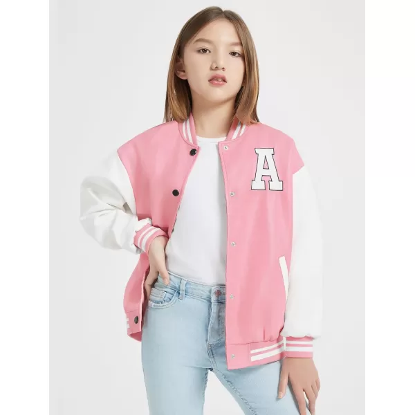Mebius Girls Varsity Jacket Kids LeatherTweed Letterman Baseball Outerwear Stripe Trim Contrast Sleeve School CoatsPink