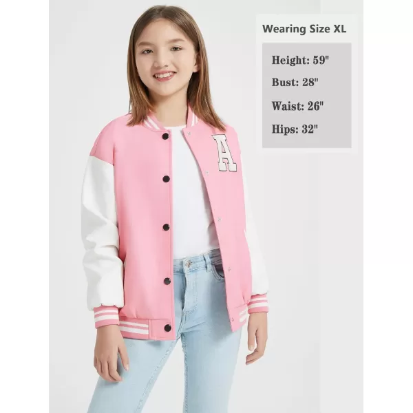Mebius Girls Varsity Jacket Kids LeatherTweed Letterman Baseball Outerwear Stripe Trim Contrast Sleeve School CoatsPink