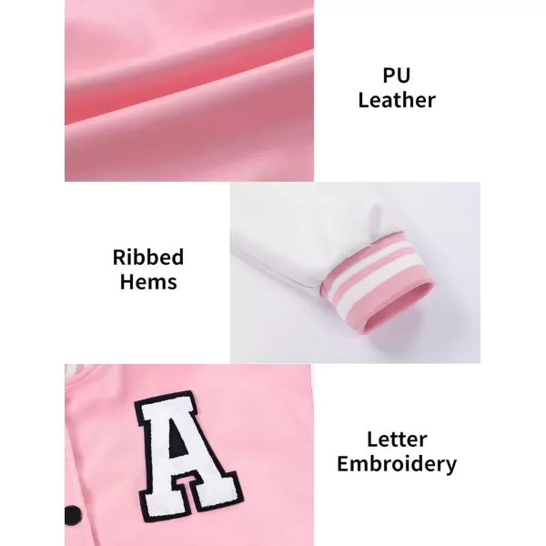 Mebius Girls Varsity Jacket Kids LeatherTweed Letterman Baseball Outerwear Stripe Trim Contrast Sleeve School CoatsPink