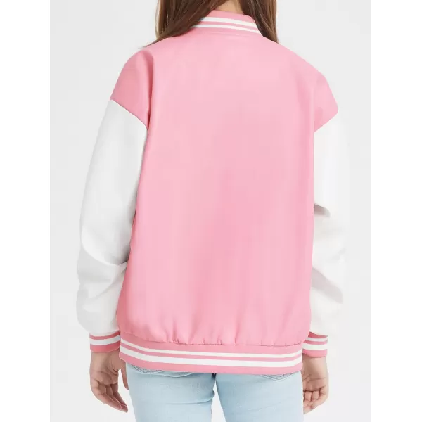 Mebius Girls Varsity Jacket Kids LeatherTweed Letterman Baseball Outerwear Stripe Trim Contrast Sleeve School CoatsPink