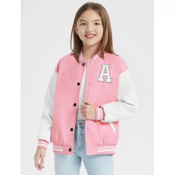 Mebius Girls Varsity Jacket Kids LeatherTweed Letterman Baseball Outerwear Stripe Trim Contrast Sleeve School CoatsPink