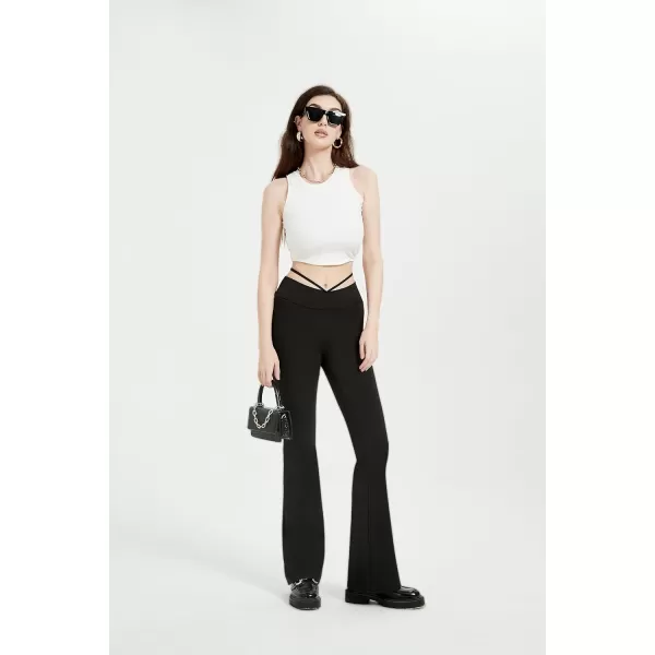 Womens Y2K Pants Flare Leggings Low Rise V Crossover Bootcut Yoga Pants Petite Casual WorkoutBlack With Pocket