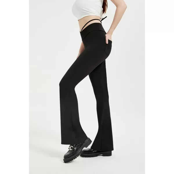 Womens Y2K Pants Flare Leggings Low Rise V Crossover Bootcut Yoga Pants Petite Casual WorkoutBlack With Pocket