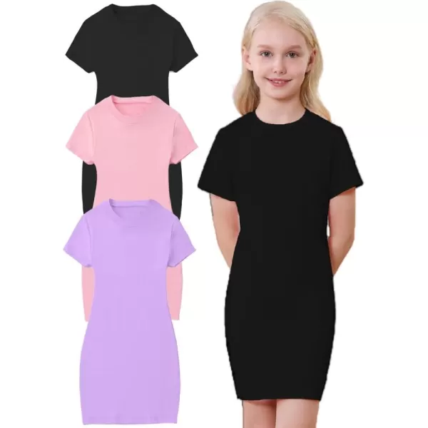 Mebius 3 Pack Girls Basic Short Sleeve Bodycon Dress T Shirt Casual Crewneck Tee Shirt Solid Color DressesSet 1