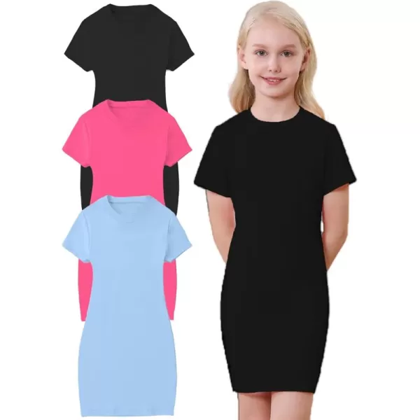 Mebius 3 Pack Girls Basic Short Sleeve Bodycon Dress T Shirt Casual Crewneck Tee Shirt Solid Color DressesSet 2