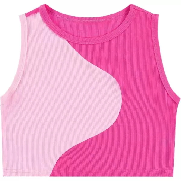 Mebius Girls Crop Top Ribbed Knit Kids Cropped Tank Tops Sleeveless Round Neck Racerback Casual Cute Dance Top 614YColor Block Hot Pink