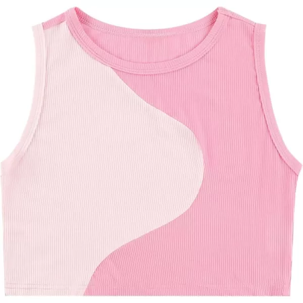 Mebius Girls Crop Top Ribbed Knit Kids Cropped Tank Tops Sleeveless Round Neck Racerback Casual Cute Dance Top 614YColor Block Light Pink