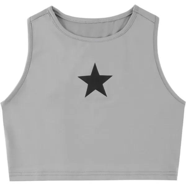 Mebius Girls Crop Top Ribbed Knit Kids Cropped Tank Tops Sleeveless Round Neck Racerback Casual Cute Dance Top 614YGrey Star