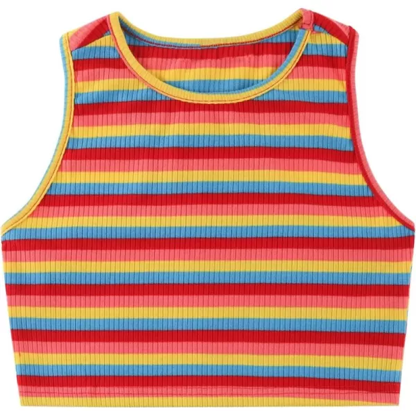Mebius Girls Crop Top Ribbed Knit Kids Cropped Tank Tops Sleeveless Round Neck Racerback Casual Cute Dance Top 614YMulticolor Stripe