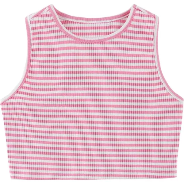 Mebius Girls Crop Top Ribbed Knit Kids Cropped Tank Tops Sleeveless Round Neck Racerback Casual Cute Dance Top 614YPink Stripe