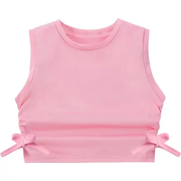 Mebius Girls Crop Top Ribbed Knit Kids Cropped Tank Tops Sleeveless Round Neck Racerback Casual Cute Dance Top 614YRuched Side Pink