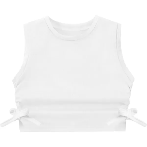 Mebius Girls Crop Top Ribbed Knit Kids Cropped Tank Tops Sleeveless Round Neck Racerback Casual Cute Dance Top 614YRuched Side White