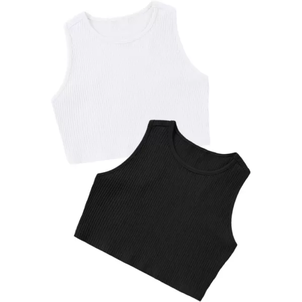 Mebius Girls Crop Top Ribbed Knit Kids Cropped Tank Tops Sleeveless Round Neck Racerback Casual Cute Dance Top 614YWhite and Black