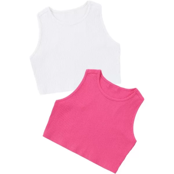 Mebius Girls Crop Top Ribbed Knit Kids Cropped Tank Tops Sleeveless Round Neck Racerback Casual Cute Dance Top 614YWhite and Pink