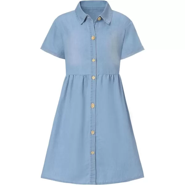 Mebius Girls Denim Dress Loose Fit School Button Short Sleeve Lapel Knee Length Causal Back Tiered Shirt Flowy Jean DressesLight Blue