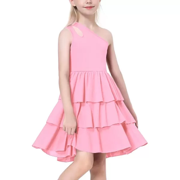 Mebius Girls Dresses One Shoulder Layered Cut Out Special Occasion Sleeveless ALine Dress Party Birthday for KidsPink