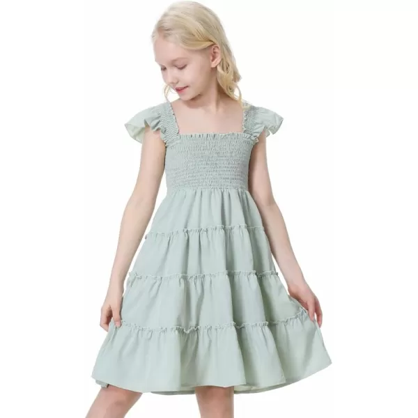 Mebius Girls Dresses Square Neck Smocked Ruffle Babydoll Boho Tiered Flutter Sleeve Aline Dress 612YGreen