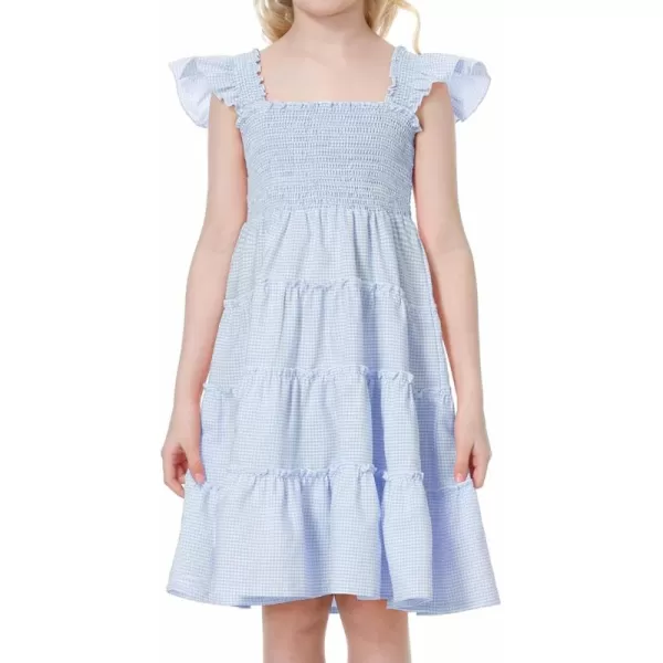 Mebius Girls Dresses Square Neck Smocked Ruffle Babydoll Boho Tiered Flutter Sleeve Aline Dress 612YPlaid Blue