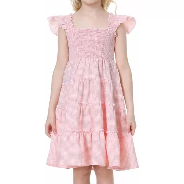 Mebius Girls Dresses Square Neck Smocked Ruffle Babydoll Boho Tiered Flutter Sleeve Aline Dress 612YPlaid Pink