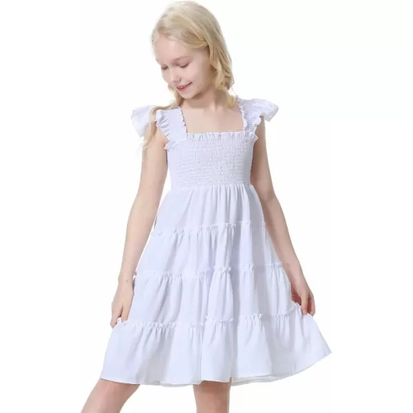 Mebius Girls Dresses Square Neck Smocked Ruffle Babydoll Boho Tiered Flutter Sleeve Aline Dress 612YWhite