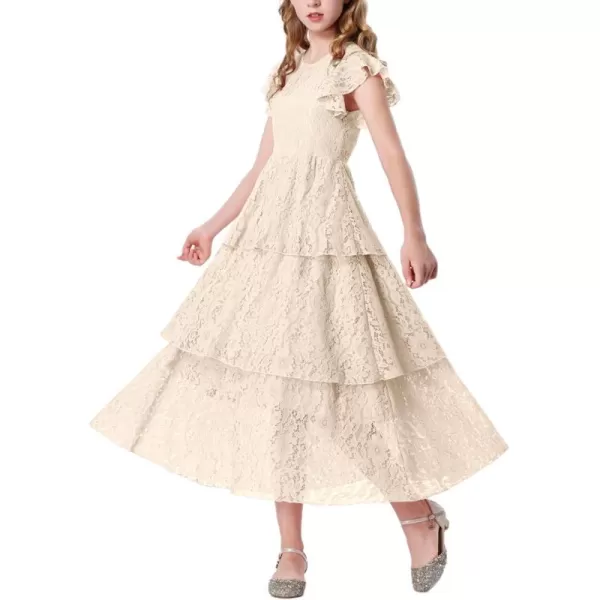 Mebius Girls Lace Maxi Long Dress Ruffle Sleeve Crewneck Tiered ALine Swing Wedding Party DressesApricot