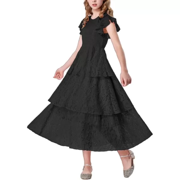 Mebius Girls Lace Maxi Long Dress Ruffle Sleeve Crewneck Tiered ALine Swing Wedding Party DressesBlack