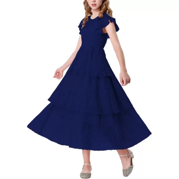 Mebius Girls Lace Maxi Long Dress Ruffle Sleeve Crewneck Tiered ALine Swing Wedding Party DressesBlue