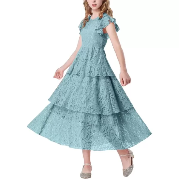 Mebius Girls Lace Maxi Long Dress Ruffle Sleeve Crewneck Tiered ALine Swing Wedding Party DressesGreen
