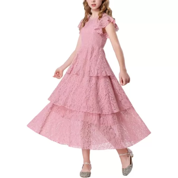 Mebius Girls Lace Maxi Long Dress Ruffle Sleeve Crewneck Tiered ALine Swing Wedding Party DressesPink
