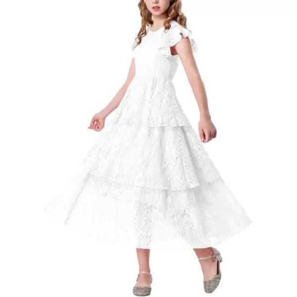 Mebius Girls Lace Maxi Long Dress Ruffle Sleeve Crewneck Tiered ALine Swing Wedding Party DressesWhite
