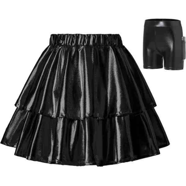 Mebius Girls Leather Metallic Skirt Elastic Waist with Shorts Pockets Tiered Ruffle Skirts Party 612YBlack