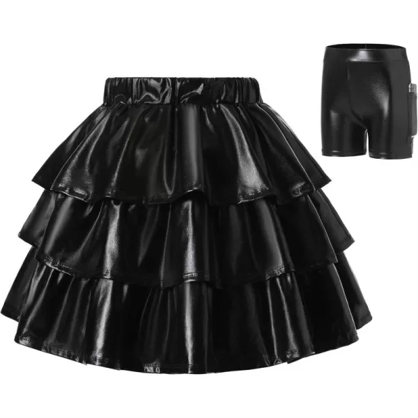 Mebius Girls Leather Metallic Skirt Elastic Waist with Shorts Pockets Tiered Ruffle Skirts Party 612YBlack Three Layers