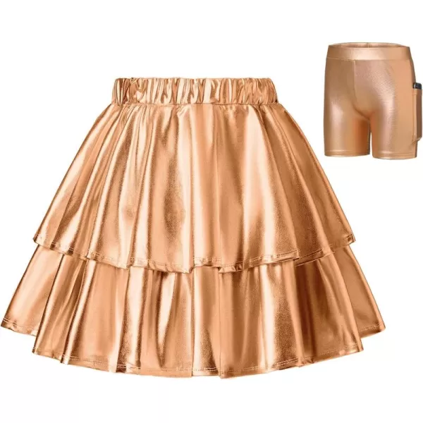 Mebius Girls Leather Metallic Skirt Elastic Waist with Shorts Pockets Tiered Ruffle Skirts Party 612YChampagne Gold