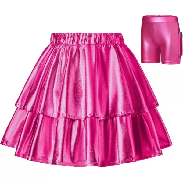 Mebius Girls Leather Metallic Skirt Elastic Waist with Shorts Pockets Tiered Ruffle Skirts Party 612YRose Red