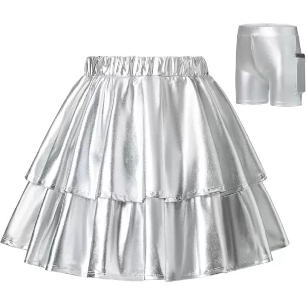 Mebius Girls Leather Metallic Skirt Elastic Waist with Shorts Pockets Tiered Ruffle Skirts Party 612YSilver