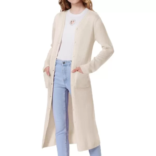 Mebius Girls Long Cardigan Sweaters Open Front Button Down V Neck Long Sleeve Knit Outwear with Pockets 612YBeige