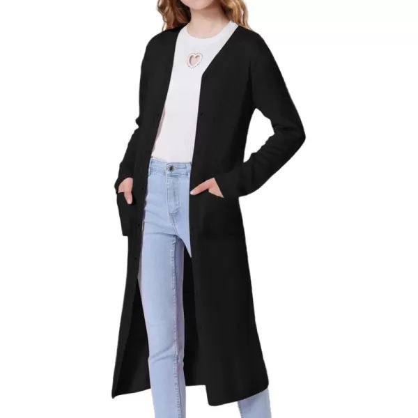 Mebius Girls Long Cardigan Sweaters Open Front Button Down V Neck Long Sleeve Knit Outwear with Pockets 612YBlack