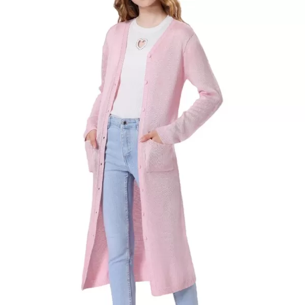 Mebius Girls Long Cardigan Sweaters Open Front Button Down V Neck Long Sleeve Knit Outwear with Pockets 612YPink