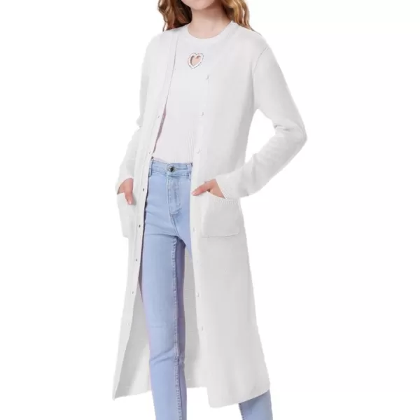 Mebius Girls Long Cardigan Sweaters Open Front Button Down V Neck Long Sleeve Knit Outwear with Pockets 612YWhite