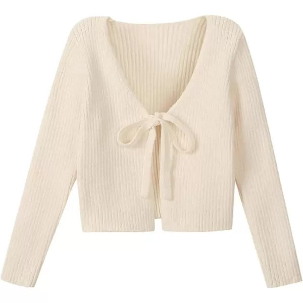 Mebius Girls Long Sleeve Cropped Cardigan Sweater Kids Ribbed Knit V Neck Tie Front Bolero Shrug Top School CasualBeige